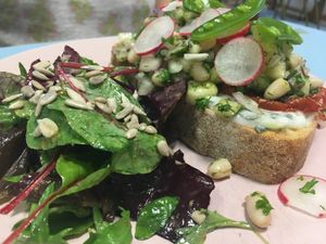 Smorbrod II August 19 - txatziki, beans, radish, peas at Sacred Grounds in Exeter