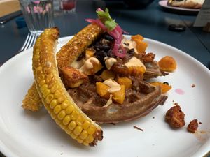Savoury waffles at Sacred Grounds in Exeter