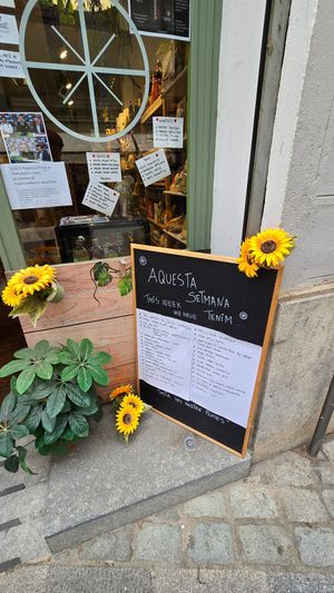 Menu sign at door step at Dietètica Naturalment in Girona