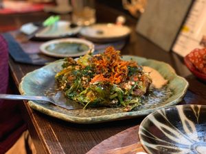 Special Okonomiyaki (savoury pancake) at Yasai Izakaya Genki in Tokyo