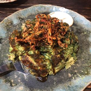 Vegan okonomiyaki (Mainly made of arugula, tororo and avocado) at Yasai Izakaya Genki in Tokyo