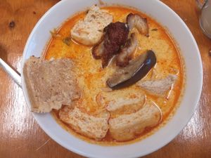 Penang curry noodles (rice noodles) W slice of eggplant, tofu, and mock meats at Little Beans Gourmet in Canning Vale
