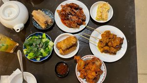 L to R ... Steamed greens, Taro rolls, Ribs, Sui mai, Satay Chykin skewers, S & P Chykin, Beancurd rolls (in the middle) at Little Beans Gourmet in Canning Vale