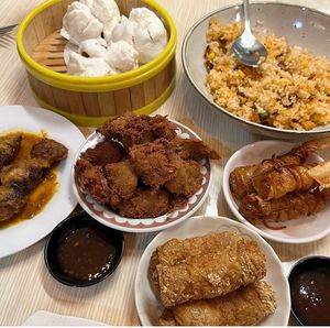 House Special Fried Rice, Satay Chicken Skewers, Veggie Prawn Fritters, Fried Beancurd Roll, Salt and Pepper Chicken and BBQ Pork Steamed Buns   at Little Beans Gourmet in Canning Vale