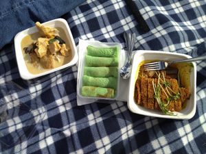 Penang soup noodles, pandan rolls and chicken katsu curry with rice at Little Beans Gourmet in Canning Vale