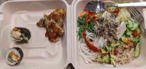 Gim bop, mung bean pancake, and bibimbap at Yong's Kal-Bi in Waimea