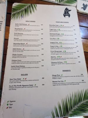 Dinner menu at Fox and the Firefly in Bohol