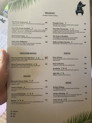 Menu as of October 2024 - vegan options have an apple 🍏 next to them or a leaf 🍃 for veggie  at Fox and the Firefly in Bohol