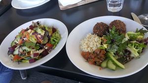 Buddha bowl with homemade felafel and a generously portioned side salad at The Slip Inn Cafe in Havelock