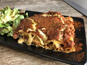 lasagna, one of the best I’ve ever tried actually. layered with aubergine, fresh tomato and a delicious vegan cheese and veggie mince. at La Cabane en Ville in Aix-en-provence