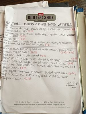 Vegan menu at The Boot and Shoe in Lancaster