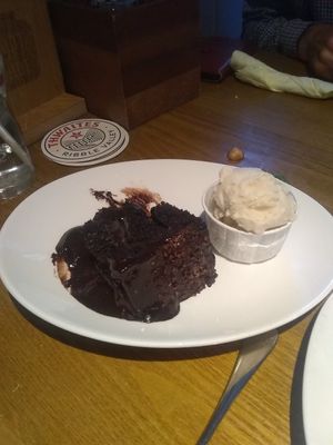 Vegan chocolate fudge cake and ice cream at The Boot and Shoe in Lancaster