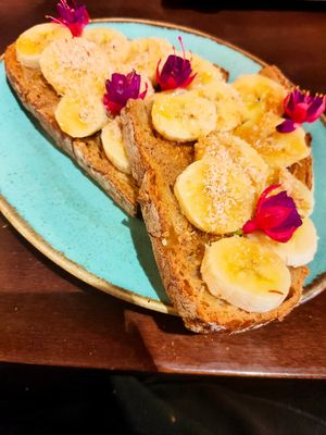 Almond butter toast 7€ (ask don't put Nutella in decorations) at La Fabrica in Girona