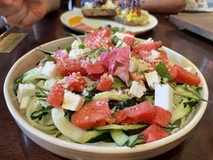 Summer chiller with watermelon, mint and vegan feta cheese   at La Fabrica in Girona