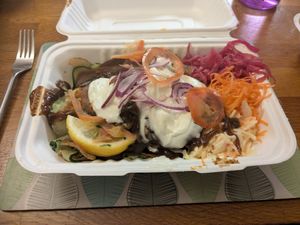 Voner Seitan Box with salad base, Korean BBQ sauce, vegan mayo, and no coriander. at I Am Doner in Harrogate