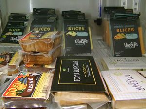 Assortmen in fridge - tofu and so on at Vitaland in Dubravka