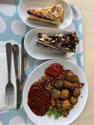 Vegballs with wheat , chocolate and blueberry cheesecake   at IKEA - Möbelvaruhus in Malmo