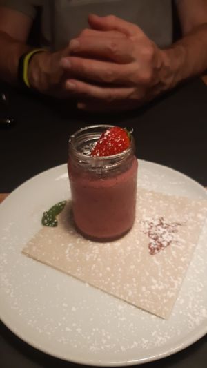 Raspberry dessert with chocolate chips at A-mare in Viareggio