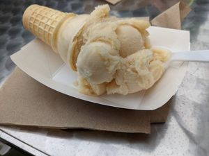 Apple cider sorbet in a cake cone at Island Creamery in Chincoteague