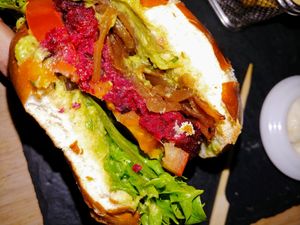 Beetroot burger with avocado at Café Cathedral in Oslo