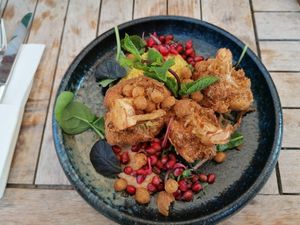 Breaded califlower, with curry rice at Ihsiri in Lund