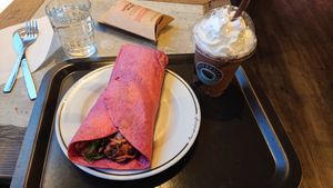 Jackfruit wrap with Frapino vegan chocolate and vegan cream at Espresso House - Östra Förstadsgatan in Malmo