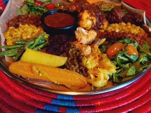 Plate for 2, the upper half isn't all vegan (you can see the egg and there is also some chicken) at Abyssinia in Strasbourg