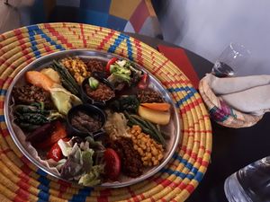 Big plate for 2 people. 31,80 Euro. With bread. Eat only with fingers :) at Abyssinia in Strasbourg