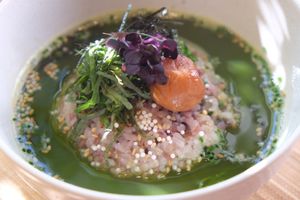 Matcha Soup  with rice, veggies and Umeboshi.  at Macha-Macha in Berlin
