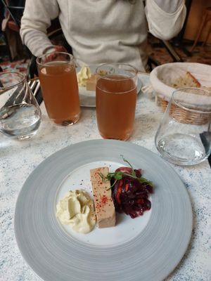 Starter (Feb 2023) ALL VEGAN foie gras, chantilly with cumin, onion chutney with goji at Laska in Lyon
