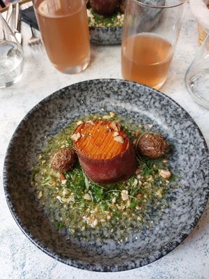 Roasted potatoes, cashew and chimichuri sauce at Laska in Lyon
