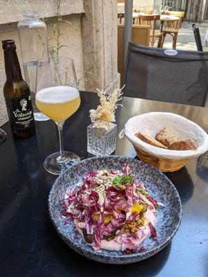 Potato puree, soy mince, sauteed veg, and radicchio salad at Laska in Lyon