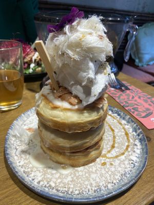 Dutch apple pancakes with cream and cotton candy at Mr. Stacks in Amsterdam