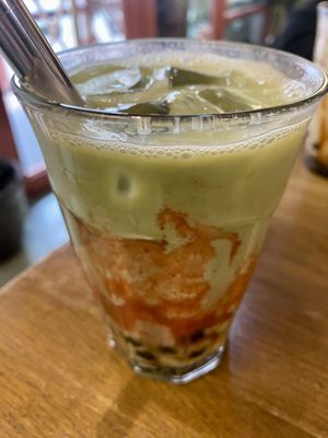 Matcha strawberry boba  at Mr. Stacks in Amsterdam