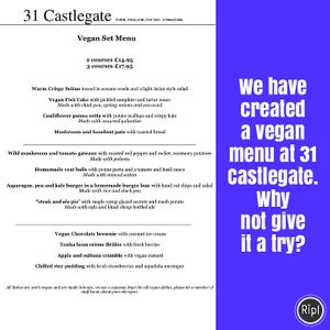 Vegan menu Oct 2018 at 31 Castlegate in York