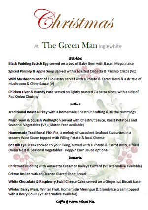 Christmas Menu at The Green Man in Preston