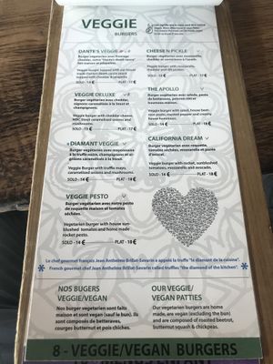 So many veggie burgers! Peace sign means vegan option available! at Micro Brasserie in Chamonix-mont-blanc