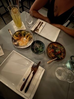 Tofu gyoza, wakame salad and soba noodles with fermented cherry tomatoes and baby broccoli at Hammett's Gastro Bar in Sliema