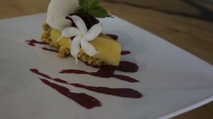 Raw coconut ice cream and bread fruits cake at Kayun in Ubud