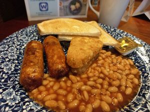 Vegan breakfast with Quorn sausages at Sir Julian Huxley in Selsdon