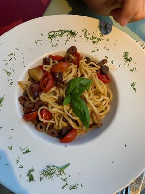 pasta dish  at Karma in Santorini