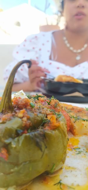 Close-up of half of the gemista (stuffed pepper) at Karma in Santorini