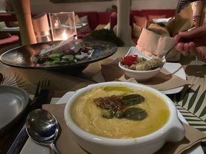 Fava, Greek salad with vegan feta and aubergine dip at Karma in Santorini