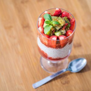 Bio coconut chia pudding, fresh seasonal fruit
homemade granola, freshly made rose berry syrup. at Karma in Santorini