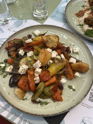 Sufiko Irarias (pumpkin, potato, tomatoes, carrots, eggplant) with vegan feta  at Karma in Santorini