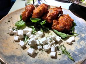 Tomato fritters with vegan feta at Karma in Santorini