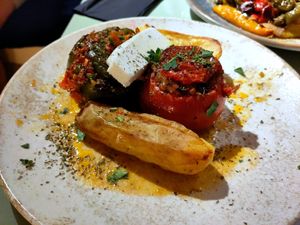 Stuffed vegetables, potatoes and vegan feta at Karma in Santorini
