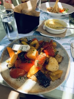 Soufiko with vegan feta and fava dip. Be sure to order the sun-dried tomato bread  for the dip    at Karma in Santorini