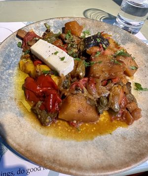 Soufiko ikarias w/ a vegan feta substitute  at Karma in Santorini