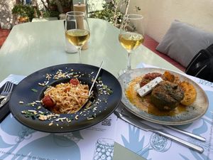 Santorini Pasta with vegan cheese alternative. Gemista stuffed veggies with vegan feta alternative. Santorini wine   at Karma in Santorini